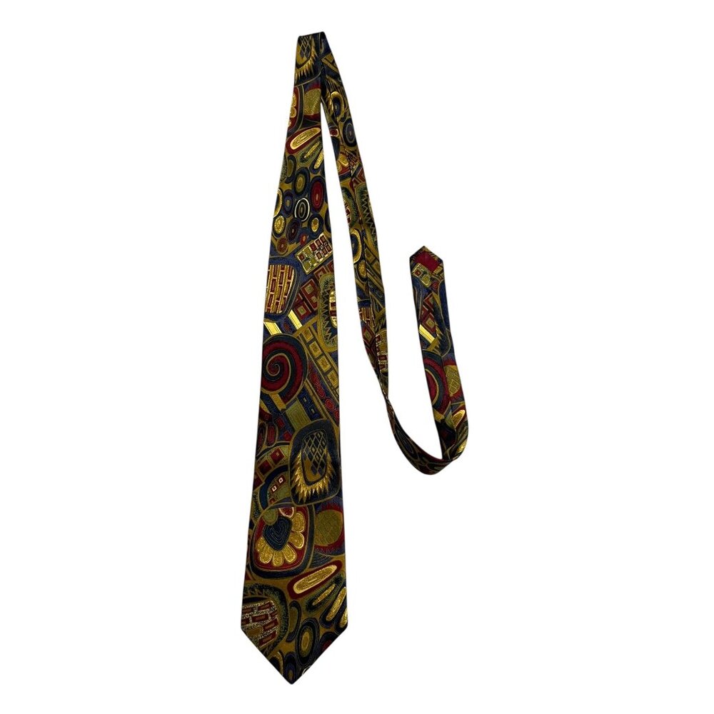 Sinsabang Pure Silk Abstract Necktie Blue Gold Red Geometric Swirl Print